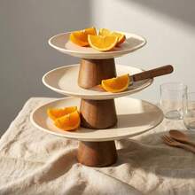 1 Set Stainless Steel Cream White Tray With Wooden Base, Multi-Functional Tray, Candy Tray, Cake Tray - Wooden Stand, White Stainless Steel Tray - View 9