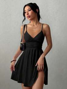 Adjustable Strap Waist Ruffle Hem A-Line Mini Dress, Sexy & Fashionable Versatile Daily Wear, Spring/Summer New Arrival Black Elegant, Date Night - Black - View 4