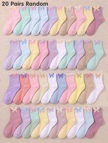 5/10/20 Pairs Random Girls Crew Socks Bow Solid Color Mid‑Calf Socks Soft Breathable Kids Socks Toddler Tween Girls Casual Daily Fall Socks Halloween - Multicolor - View 15