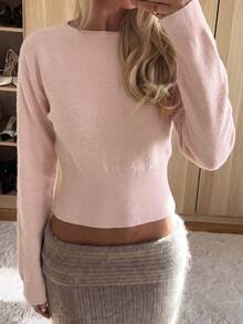 SCARLUX Sweater Rajut Dasar Pink Gaya Y2K Musim Gugur/Musim Dingin untuk Wanita, Leher Perahu, Lengan Panjang, Potongan Pendek, Pas Badan, Cocok untuk Pakaian Sehari-hari Kembali ke Sekolah/Jalanan - Berwarna merah muda - View 5