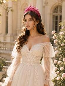 KOVLYNE 1pc Women's Crystal Floral Tiara, Sparkling Beaded Rhinestone Crown Headband, Suitable For Wedding, Bridal Styling, Graduation Prom, Beauty Pageant And Special Occasions - Hot Pink - View 3