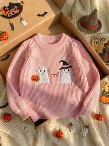 Girls Cute Ghost Embroidered Knit Pullover Sweater, Suitable For Halloween, Spring, Autumn, Winter - Pink - View 3