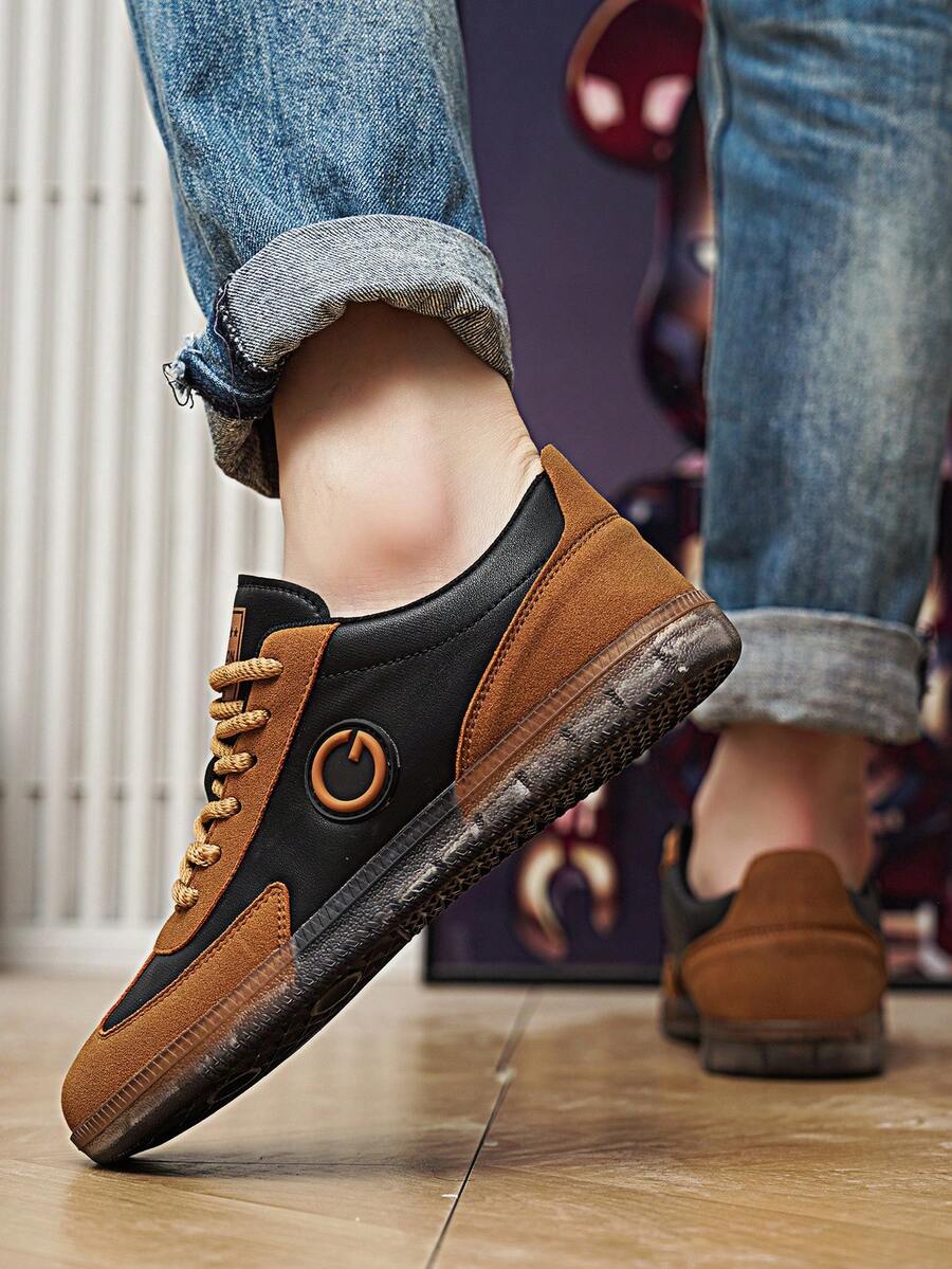 Men's Low-Top Lace-Up Skate Shoes, Style, Rubber Wear-Resistant Sole, Suitable For Daily Wear And Running Fitness - Brown - View 1
