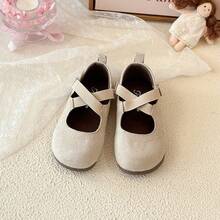 Faux Suede Cross Elastic Strap Girls Shoes, Flat Bottom Vintage Princess Ballet Shoes, Spring/Autumn - Apricot - View 5