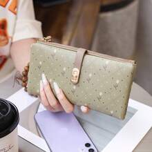 PRETTYZYS 1pc Green Long Wallet Fashion Print Bifold ID Window Multi-Card Slot Card Holder Wallet Coin Purse Bill Large Capacity Multi-Function Phone Wallet Handbag Wrist Strap Student Coin Purse Business Daily Travel Christmas Gift Valentine's Day Gift All Season Back To School - Green - View 2