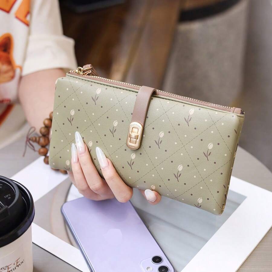 PRETTYZYS 1pc Green Long Wallet Fashion Print Bifold ID Window Multi-Card Slot Card Holder Wallet Coin Purse Bill Large Capacity Multi-Function Phone Wallet Handbag Wrist Strap Student Coin Purse Business Daily Travel Christmas Gift Valentine's Day Gift All Season Back To School