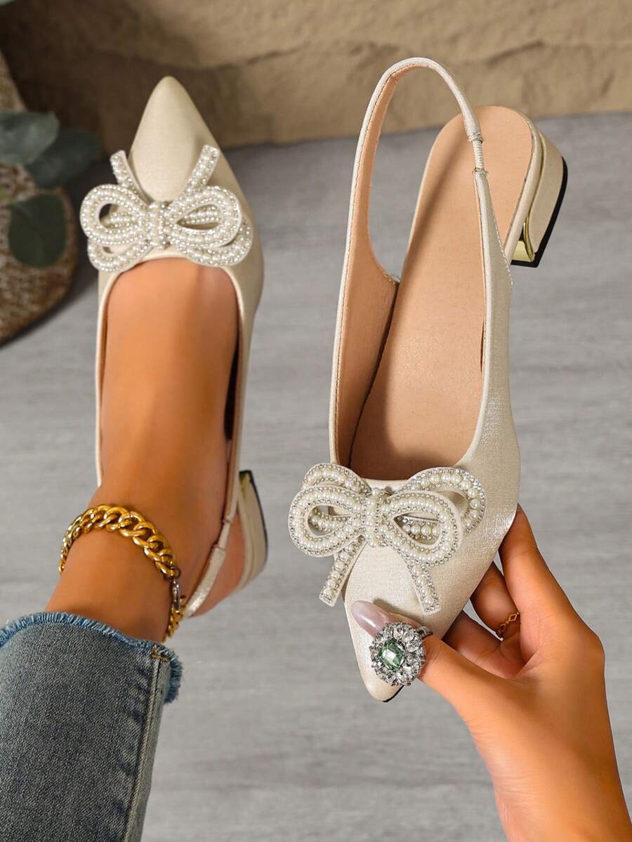Spring/Summer New Elegant Beige Women's Slingback Pointed Toe Low Heel Pearl Rhinestone Bow Ballet Shoes, Versatile For Commute And Date - Beige - View 1