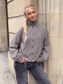 Women's Woven Plaid Long Sleeve Button-Up Cardigan Collar Shirt, Drawstring Hem, Fashionable Autumn Top - Brown - View 4