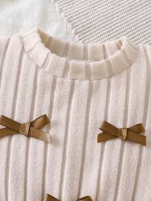 Girls' Warm Brown Autumn Knit Long Sleeve Dress With 3D Bow Decor And Leather Patchwork, Earth Tone, Slightly Stretchy, Suitable For Children's Daily Wear, Spring Gift - Brown - View 3