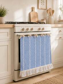 Farmhouse Linen Oven Curtain, Tie Design Stove Decor Cover With White Vertical Chain Pattern & Ruffle Trim, Reusable Kitchen Oven Skirt, Multiple Colors Optional - Multiple Styles - View 9