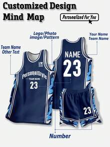 2pcs Personalized Basketball Jersey Set - Customizable Name, Number And Logo Print Tank Top + Shorts Sports Outfit. Perfect Gift For Friends. Summer - Royal Blue - View 2