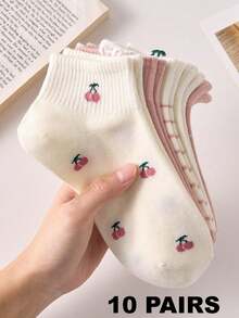 5 pares de calcetines cortos antideslizantes para mujer con patrones de cerezas y fresas rosas, adecuados para todas las estaciones - Rosa - Ver 10