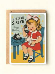 OBOVAY 1pc "Hello! Sister! Happy Birthday!" Retro Birthday Card With Envelope, Vintage Girl & Cat Design, Sweet Nostalgic Greeting For Sisters, Suitable For Birthdays & Celebrations, Blank Inside - New Arrival - View 5