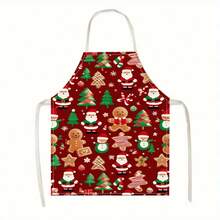 1pc Christmas Linen Apron, Holiday Santa Claus & Tree Print, Red Cartoon Gingerbread Man, Sleeveless Kitchen Apron, Durable Home Cooking Protective Cover, Decorative Holiday Kitchen Accessory - Multicolor - View 1
