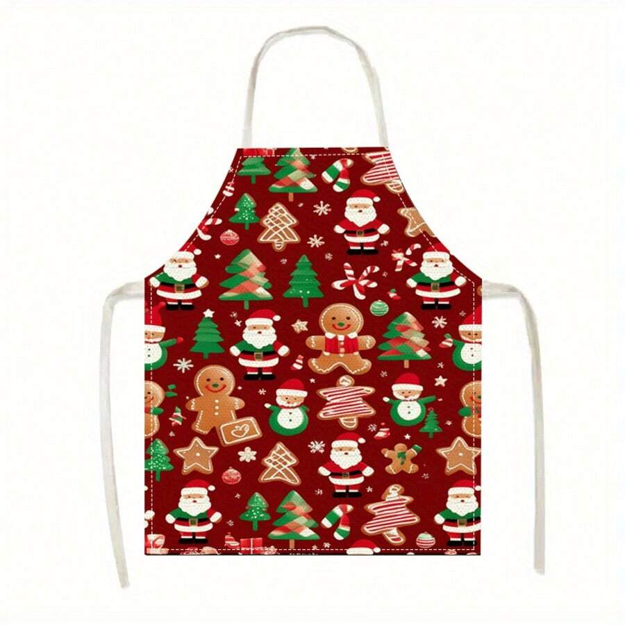 1pc Christmas Linen Apron, Holiday Santa Claus & Tree Print, Red Cartoon Gingerbread Man, Sleeveless Kitchen Apron, Durable Home Cooking Protective Cover, Decorative Holiday Kitchen Accessory - Multicolor - View 1