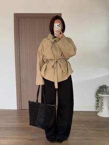 Jaket Kemeja Wanita Warna Khaki dengan Sabuk, Jaket Musim Gugur Ringan Berkerah Ukuran Besar - Khaki - View 3