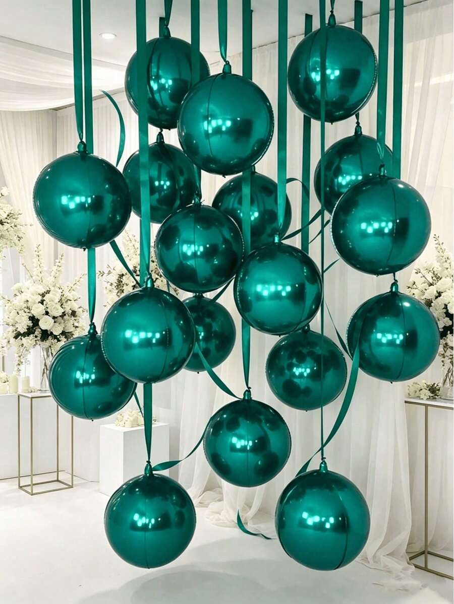 20/10pcs 18-Inch Deep Green 4D Balloons With Deep Green Polyester Ribbons And Packaging Paper, Portable For Indoor Decoration, Party, Wedding And Home Gathering - Dark Green - View 1