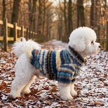 1pc Dog Hoodie, Thick Fleece Zipper Dog Jacket, Vintage Striped Jacquard Pattern, Suitable For Small/Medium Dogs Puppy Clothes, Cat Clothes, Autumn/Winter Cold Weather Outdoor And Indoor Use - Blue - View 1