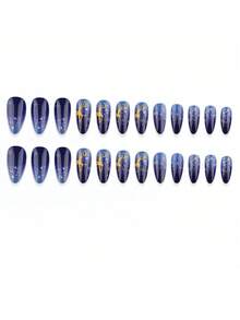 24PCS Christmas Press On Nails, Medium Almond Fake Nails, Blue Black Gradient Starry Sky Design With Golden Deer & Snowflake, Glossy Reusable False Nail Tips For Holiday Party Decoration - Multicolor - View 4