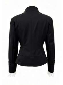 Women's Military Style Stand Collar Zip-Up Jacket With Decorative Metal Buttons, Fishtail Hem, Lace Trim Cuffs, Slim Fit Long Sleeve Outerwear - Black - View 2
