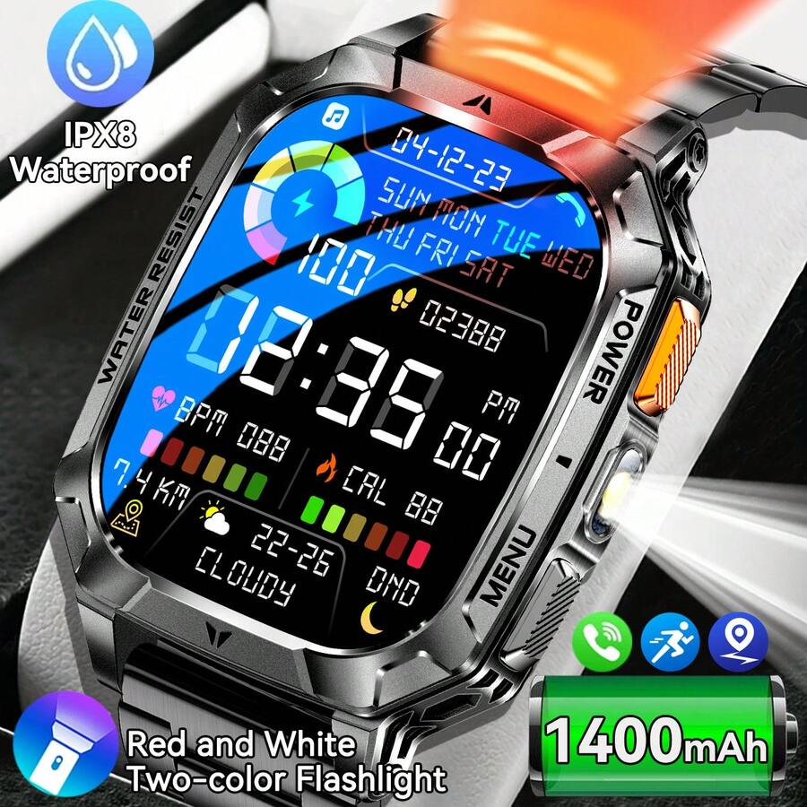 GUHUAVMI 1pc 2026 New Outdoor Sports Smart Watch For Men, 1400mAh Ultra-Large Battery Capacity, Dual-Color LED Flashlight, 2.01-Inch HD Full Touch Screen, Supports SOS Flashing Mode, Sound Alarm Mode, Bluetooth Calling, Voice Assistant, Reminder Function, IPX8 Waterproof, GPS Sports Tracking, 100+ Sports Modes, Health Monitoring Smart Watch Compatible With IPhone And Android