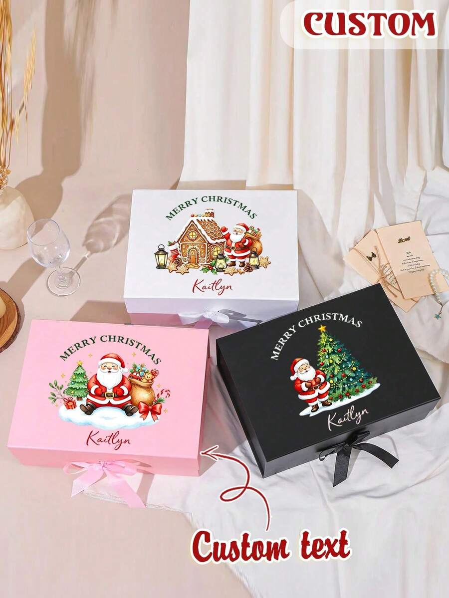 1pc Customized Name Christmas Gift Box, Personalized Santa Claus Pattern Magnetic Folding Gift Box With Ribbon, Merry Christmas Holiday Gift Packaging Box