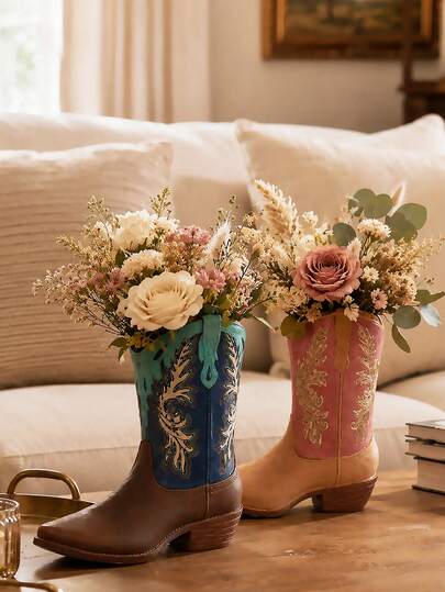 1pc Western Cowboy Boot Vase Vintage Cowboy Boot Flower Pot Rustic Farmhouse Style Floral Decor Country Western Home Decoration Living Room Bedroom Tabletop Centerpiece Bookshelf Ornament Housewarming Gift