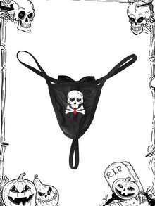 Halloween Men's Black Sexy Mesh Breathable Comfortable Cool Skull Print Semi-Sheer Large Pouch Bow Decor Thong - Black - View 4