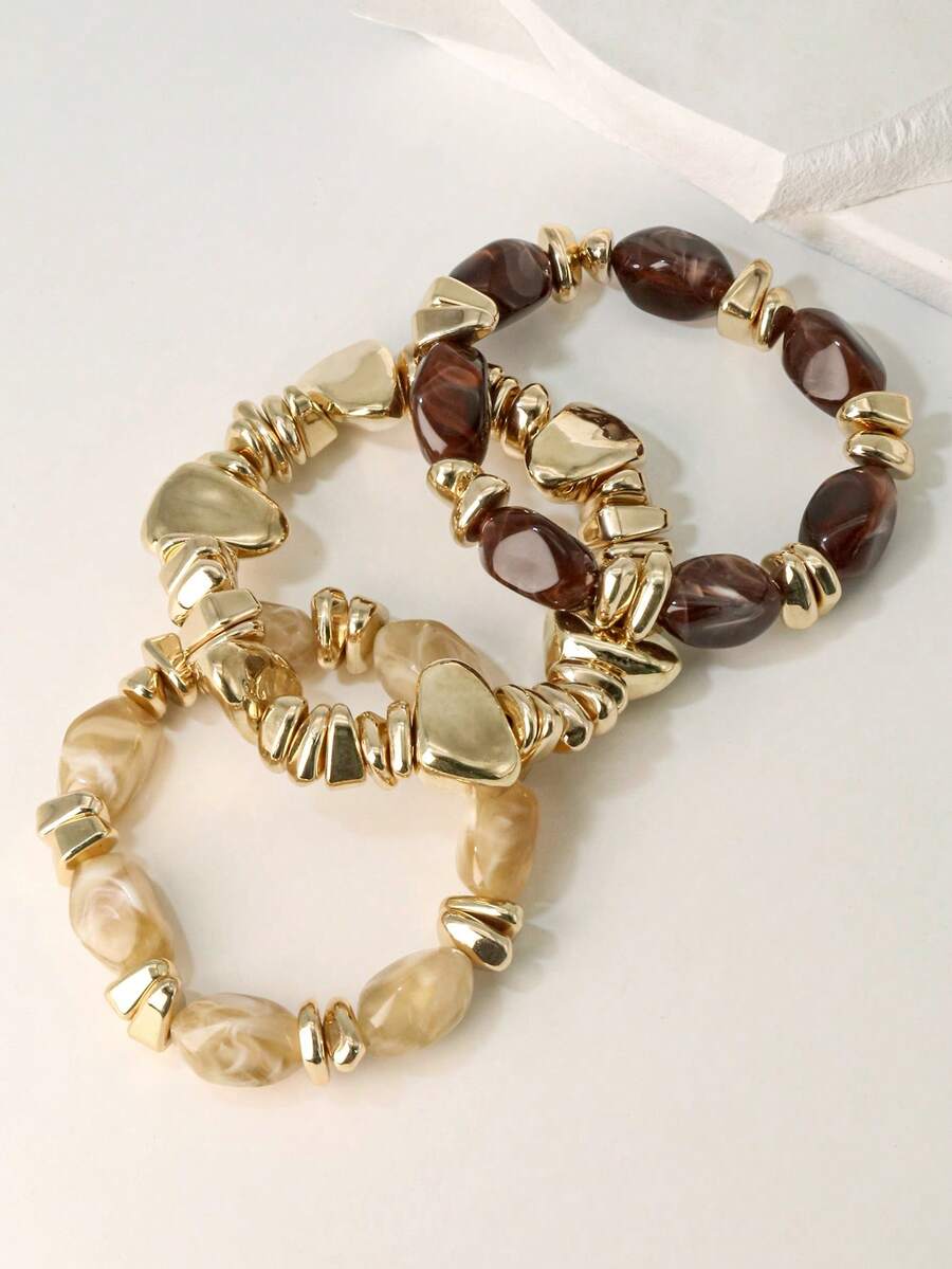 3pcs Vintage Multi-Layer Brown Acrylic Beaded Bracelet, Deformed Gold Stone Bracelet For Women - Multicolor - View 1