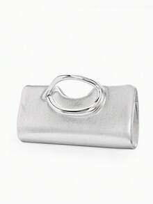 Minimal Evening Clutch, Long Rectangular Hard Frame Bag, PU Leather, Curved Silver Ring Handle, Women Stylish Handbag For Wedding & Evening Banquet - Silver - View 7