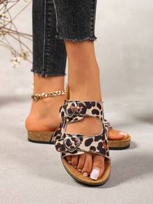 1 Pair Women's Vintage Leopard Print Double Hook & Loop Cork Sole Sandals, Summer Outdoor Casual Flat Slip-On Sandals With Cork Insole And Open Toe - Beige - View 4