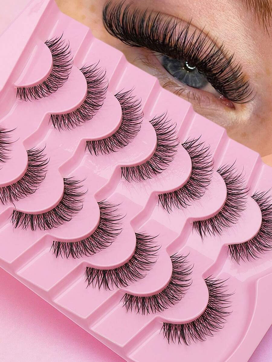 7 Pairs Natural Wispy Long‑Length False Eyelashes, Light Volume Soft Band Strip Lashes, Invisible‑Band Reusable Eye Lashes For Daily Makeup & Dating Look - Black - View 1