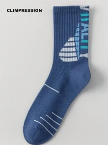 CLIMPRESSION Men's Blue Cotton Mid-Calf Socks, Mesh Sports Running Socks, White Striped Print, Arch Support Athletic Socks - Navy Blue - View 3