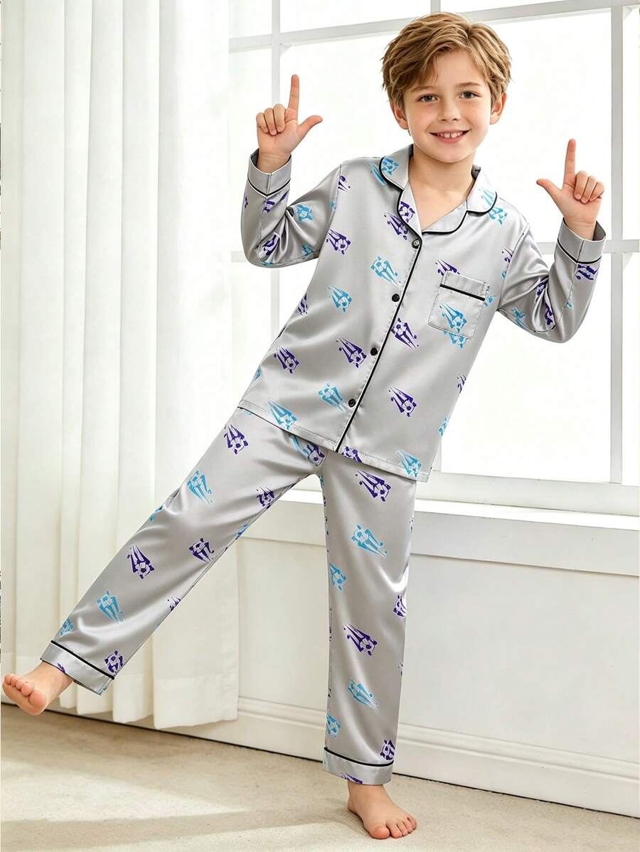 Tween Boy Gray Football Long Sleeve & Long Pants Pajama 2-Piece Set