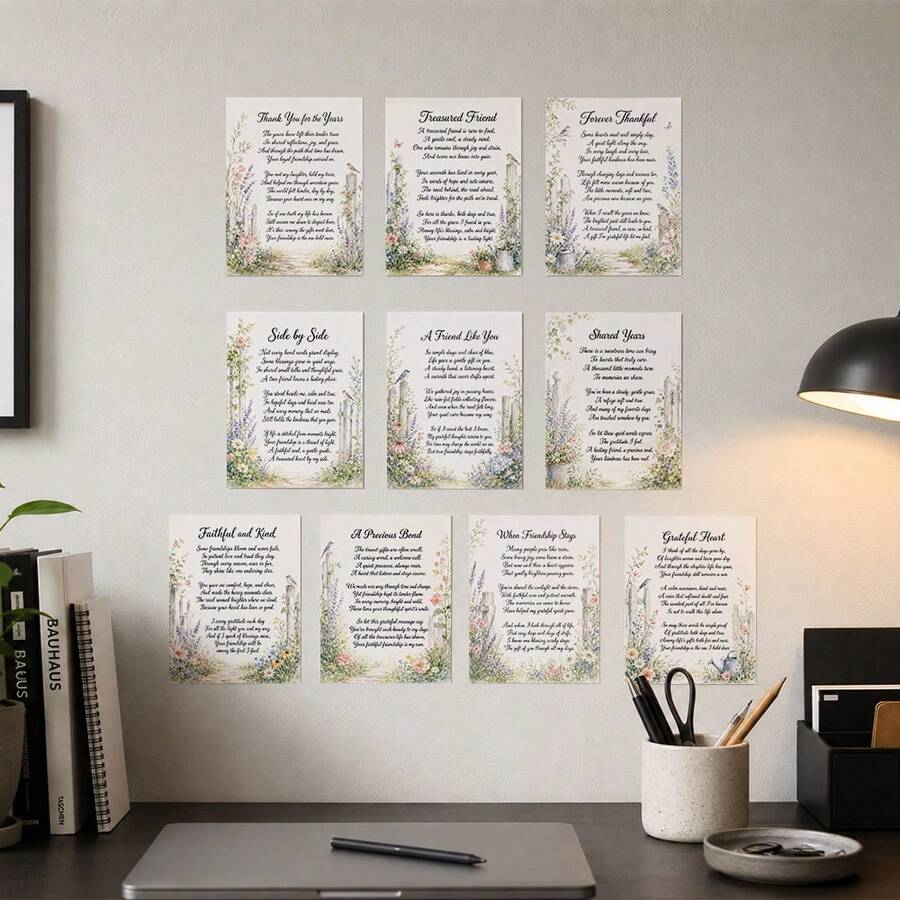 10pcs Vintage Floral Friendship Poem Stickers, Aesthetic Flower Text Scrapbooking Decals For Journal, DIY Craft, Laptop & Room Decor - 10Pcs - View 1