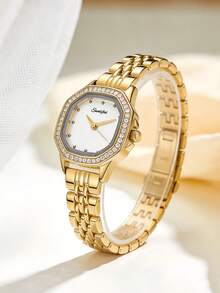 1pc Ladies' Octagonal Retro Quartz Watch, Gold Alloy Case With Rhinestone Bezel, Elegant Gold Alloy Strap, Suitable For Daily Wear And Gift Giving - White - View 2