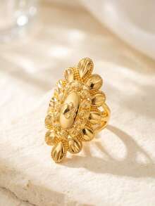 24K Gold Plated Filigree Oval Open Adjustable Ring, Rust-Resistant Gold Alternative Laser Cut Petal Metal Statement Ring Fine Jewellery - 01 - View 6
