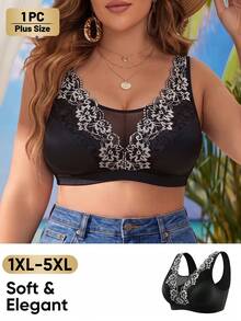 MEIYATING 1pc Plus Size Full Coverage Wireless Floral Lace Romantic Elegant Contrast Color Push Up Bra For Daily Wear - Black - View 2