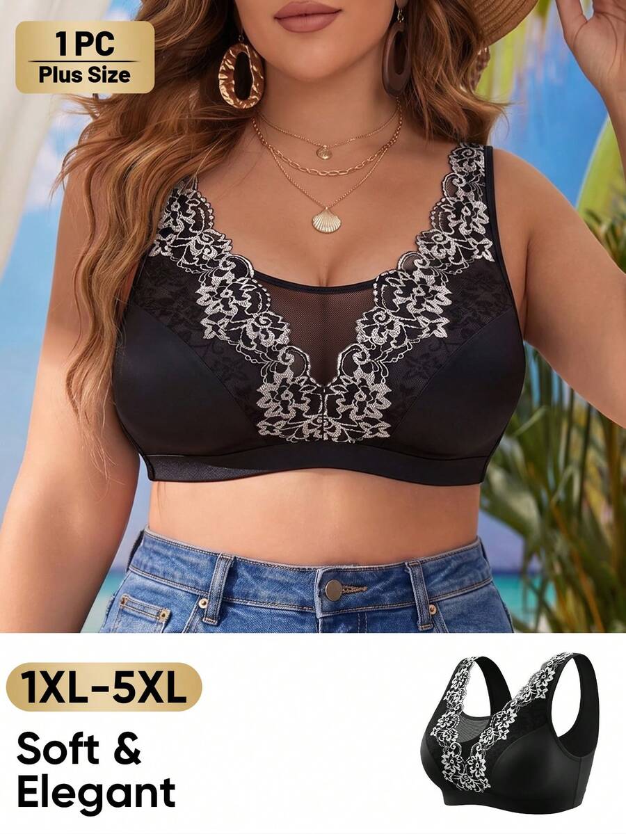 MEIYATING 1pc Plus Size Full Coverage Wireless Floral Lace Romantic Elegant Contrast Color Push Up Bra For Daily Wear