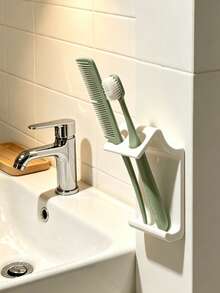 1 pieza Soporte para cepillo de dientes sin taladro, almacenamiento integrado de cepillo de dientes y pasta de dientes, instalación adhesiva fácil, resistente al agua y estable, accesorio organizador de almacenamiento de pared para baño - Blanco - Ver 8