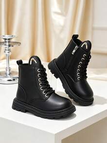 1 Pasang Sepatu Bot Anak Setengah Betis, Lubang Tali Emas + Dekorasi Lidah Logam, Sol Lembut dengan Desain Resleting Dalam, Gaya Minimalis Modis dan Indah, Cocok untuk Dipakai Sehari-hari di Sekolah dan Liburan, Koleksi Terbaru Musim Gugur/Dingin - Hitam - View 6