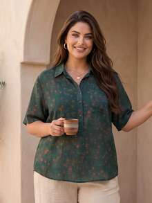Plus Size Women Short Sleeve Linen Shirt With Ditsy Floral, Stand Collar Casual Blouse For Petites' Summer - Green - View 1