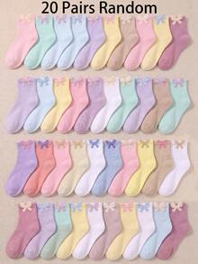 20 Pairs Girls Cute Bow Ribbed Mid-Calf Socks, Breathable Comfortable Soft, All Season Wear, Casual School Daily Wear, Suitable For Toddlers Children Teenagers 1-16 Years Old, Random Assortment - Multicolor - View 17