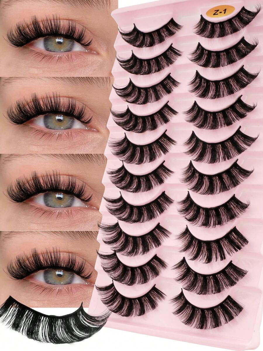 10 Pairs Black Stem Full Coverage False Eyelashes, Natural Soft Curly Dense Eyelashes, Suitable For Women's Daily Work Wear - View 1
