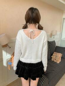 Korean Style V-Neck Plush Short Sweater Women Autumn/Winter Soft Cozy Gentle Pullover Knit Top - White - View 5
