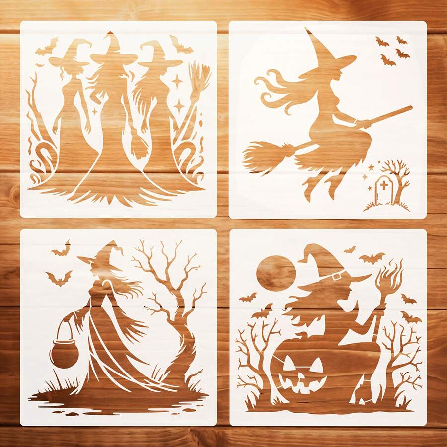 4pcs Halloween Witch Pattern Hollow Stencil Set, Washable And Reusable, Witch Pumpkin, Bat, Dead Tree, Moon Patterns, Suitable For Wooden, Canvas, Wall DIY Painting, Halloween Home Decor - Sets - View 1