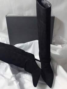 French Blogger Style Pointed Toe Wide Shaft Knee-High Boots, Nordic Kitten Heel Riding Boots For Women - Black - View 3