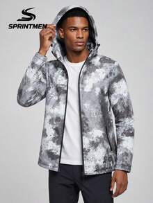 1pc Black And White Ink Wash All-Over Print Hooded Jacket For Men, Long Sleeve Jacket With Tie-Dye Camouflage Print Design, Outdoor Sports Style, Suitable For Hiking, Camping, Short Trips, Park Strolls, Commuting - Black - View 5