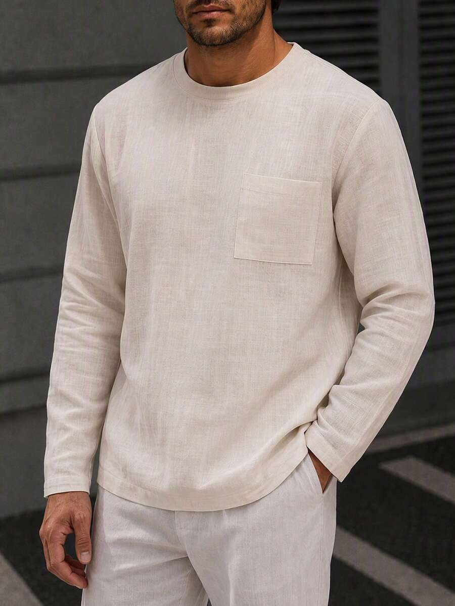 Men's Casual Business Commute Top, Solid Color Long Sleeve T-Shirt, Autumn/Winter Inner Layer - Apricot - View 1