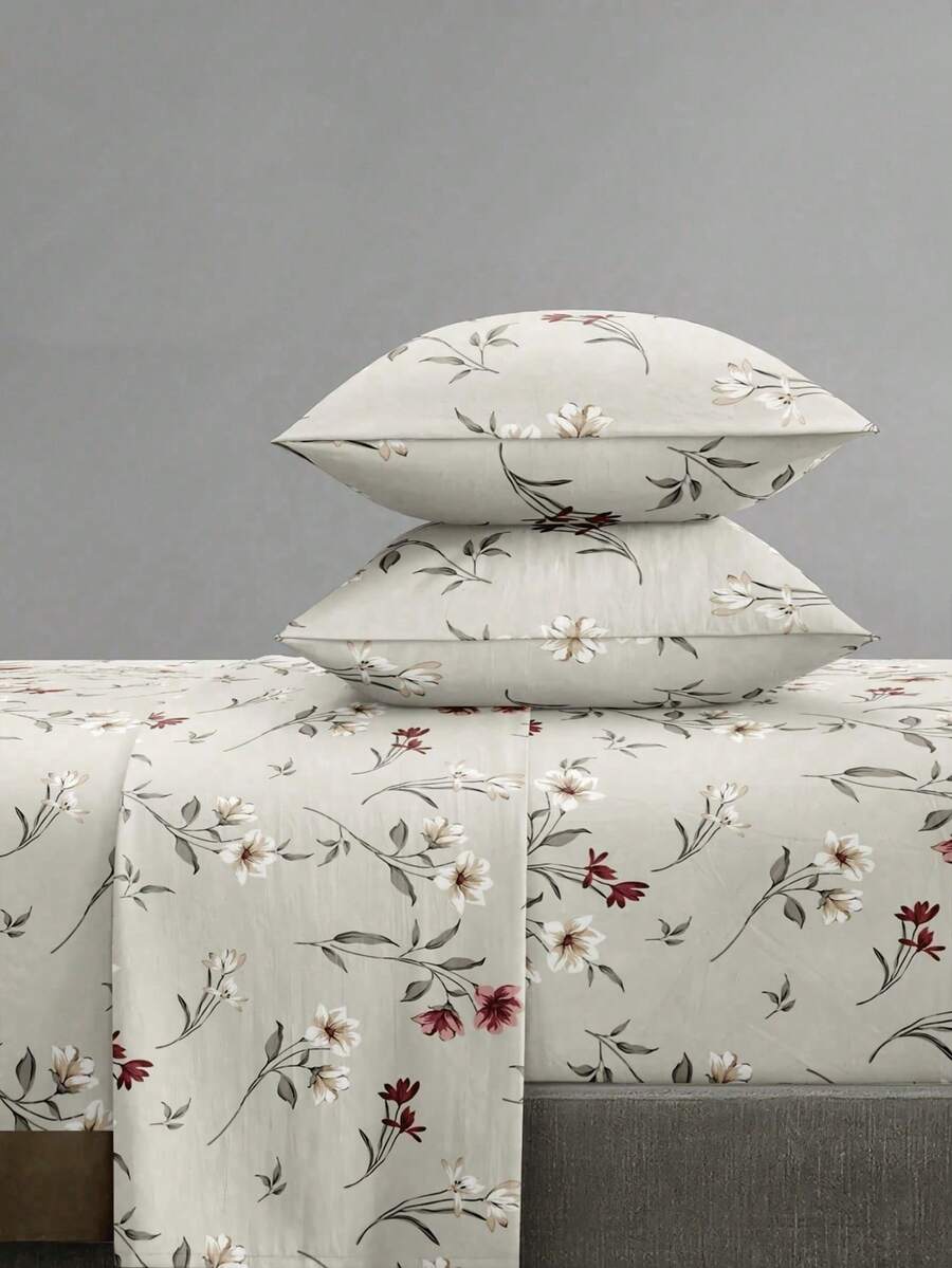 4-Piece Black & White Floral Pattern Bedding Set, Includes 1 Fitted Sheet, 1 Flat Sheet And 2 Pillowcases, Pillow Inserts Not Included. Fitted Sheet Set, Available Sizes: King, Queen, Full, Twin. Deep Pocket Design, Pillowcases Up To 11.8 Inches. Soft & Breathable, Wrinkle-Resistant - Multicolor - View 1
